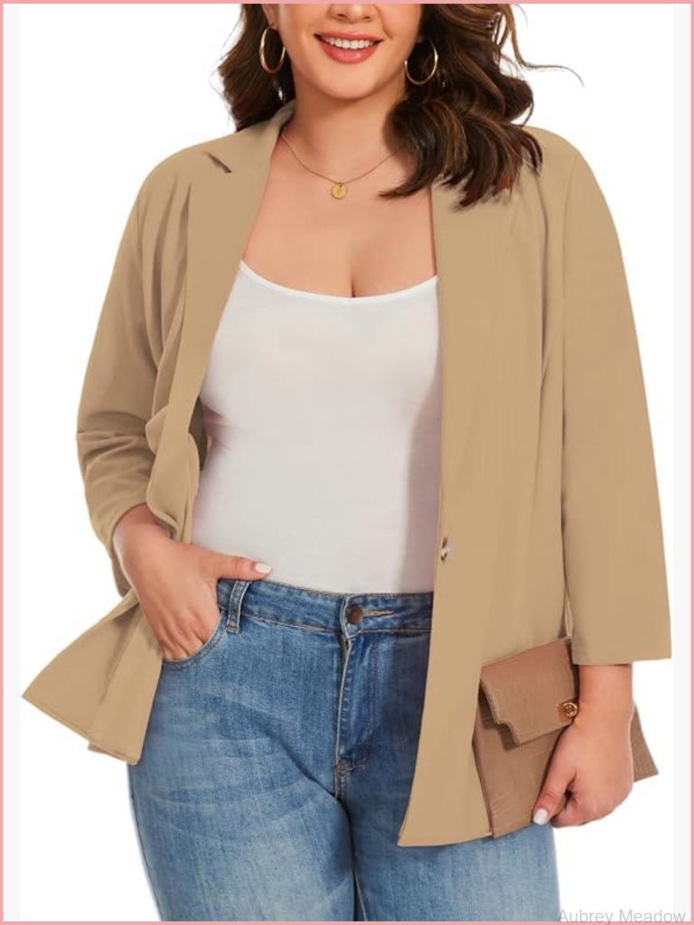 Plus Size Blazer Jacket Business Casual 3/4 Ruched Sleeve Open Front Notch Lapel